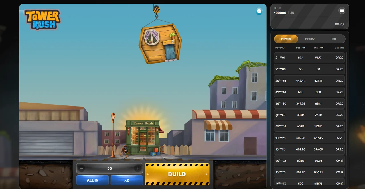 Gameplay di Tower Rush: la torre con i piani impilati, il moltiplicatore e i pulsanti Cashout e Build